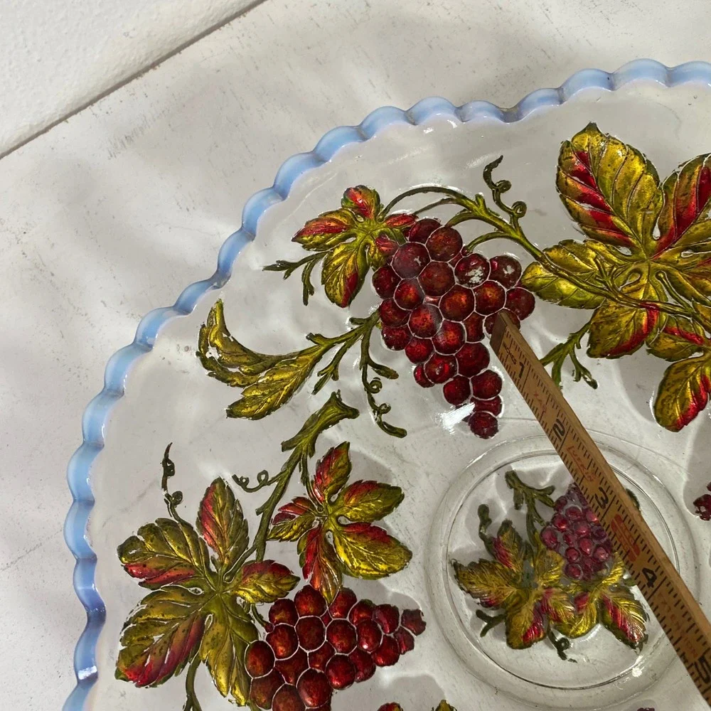 Vintage Dugan Goofus Painted Grape Glass Bowl Milk Glass Scalloped Edge 11